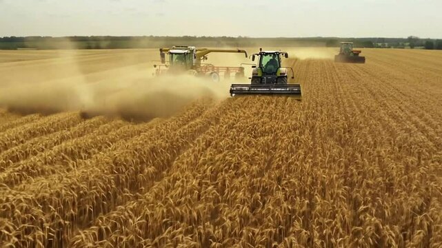 harvesters collecting ripe wheat on vast golden farmland during harvest season