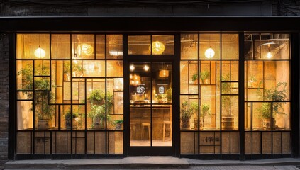 Warm, inviting storefront with large windows, showcasing plants and interior details.  Wooden bar visible behind glass.  Soft, warm lighting