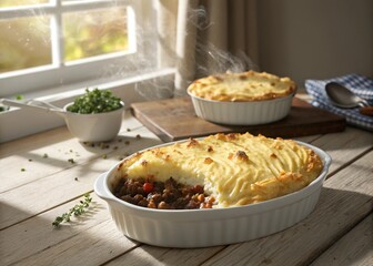 British-style shepherd’s pie with golden mash topping and meat filling. Cozy and warm digital illustration for food branding.