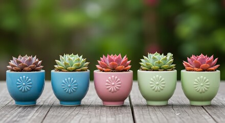 Colorful succulents in small pots