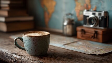 A steaming cup of cappuccino sits on a rustic wooden table near a vintage camera and world map, perfect for travel blogs or websites.