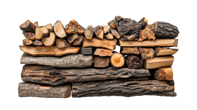 neatly stacked logs isolated on transparent background