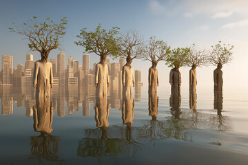 People with tree branches in their heads stand in a flooded city, symbolizing the ecological crisis and the lost connection with nature