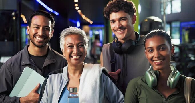 Face, fitness and group with people in gym together for membership, sign up or welcome. About us, exercise and smile of personal trainer in health club with athlete friends for training or workout