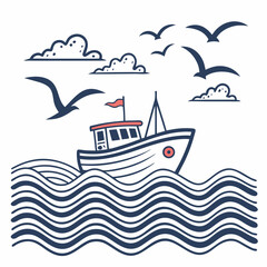 Naklejka premium Create a bold, vector illustration of a sailboat gracefully navigating a vibrant seascape at sunset. Include detailed, thick outlines.