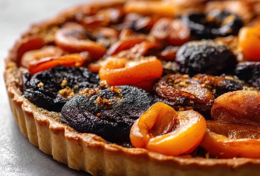 Delicious tart with glazed apricots and dried fruits, showcasing vibrant colors and a rich texture, perfect for food photography and culinary inspiration