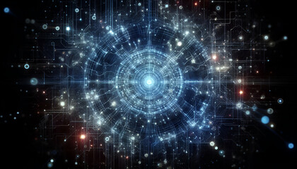 Fototapeta premium Abstract digital neural network background with glowing lines and circuits in blue tones