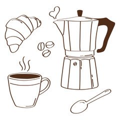 Cozy hand drawn vector illustration featuring a coffee pot, steaming cup of coffee, croissant, spoon and coffee beans. In a minimalist brown style. Perfect for cafe menus, breakfast themed designs