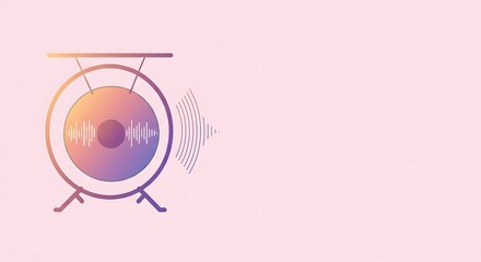digital illustration, minimalist gong emitting abstract sound waves in soft pastel colors, positioned on the left side with clear copy space on the right, designed in lightwave style