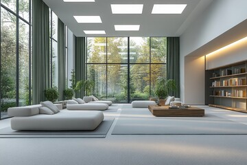 Fototapeta premium Spacious, modern, minimalist interior design with outdoor views.