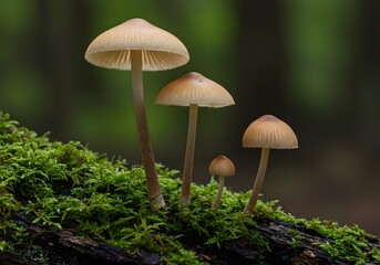 Mushrooms growing on a mossy log in a forest environment
