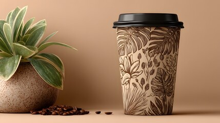 A stylish disposable coffee cup features a botanical line art design of tropical leaves and flowers against a beige background.