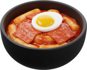 Spicy Tteokbokki Bowl with Egg and Fish Cakes in Gochujang Sauce