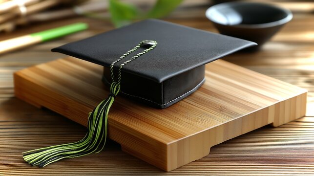 Graduation cap placed on a bamboo sushi board in a serene and natural setting