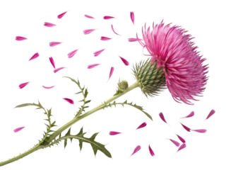Vibrant thistle flower stands tall with delicate pink petals gracefully falling around it, creating serene and beautiful scene