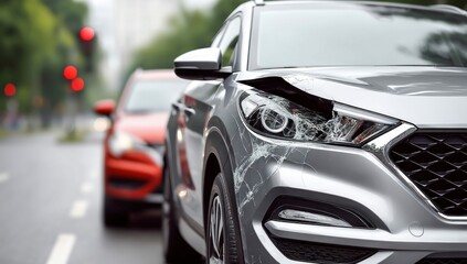 A damaged silver car shows the aftermath of a traffic accident with a red car in the blurred background on a rainy day.