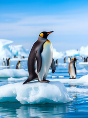 Fototapeta premium Indomitable spirit and unshakable bond Take in the cold landscape of Antarctica as penguins gracefully balance on icebergs surrounded by crystal clear water