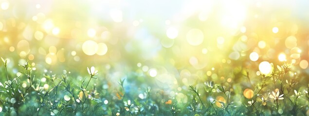 Obraz premium Lush spring meadow bathed in sunlight. Soft focus bokeh highlights the vibrant greenery and tiny white flowers, creating a serene and hopeful atmosphere