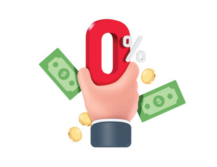 Right hand holds a red 3D 0% number and money or gold coins and dollar bills floating in the air around it for designing advertisements with no fees and zero percent interest, vector 3d isolated