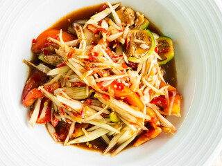 Papaya salad with fermented fish, spicy food asian thailand, fusion cuisine som tum traditional ...