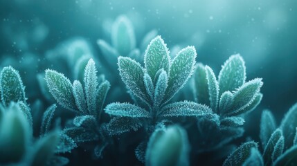 Obraz premium Frost-covered leaves glisten in a cold, blue-tinted light, showcasing intricate icy details in a serene, wintery natural scene.