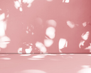 Pink background studio room abstract shadow overlay on wall floor, light gradient window loft minimal for presentation product cosmetic, podium card promotion, pastel pattern beige backdrop.