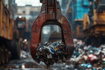 A large industrial claw lifts compacted metal waste in a busy scrapyard surrounded by machinery and piles of debris.