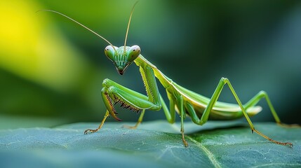 Fototapeta premium Close-up of a vibrant green praying mantis on a leaf.