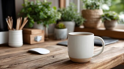 Obraz premium A warm cup of coffee sits on a rustic wooden desk amongst houseplants and office supplies in a home office setting.