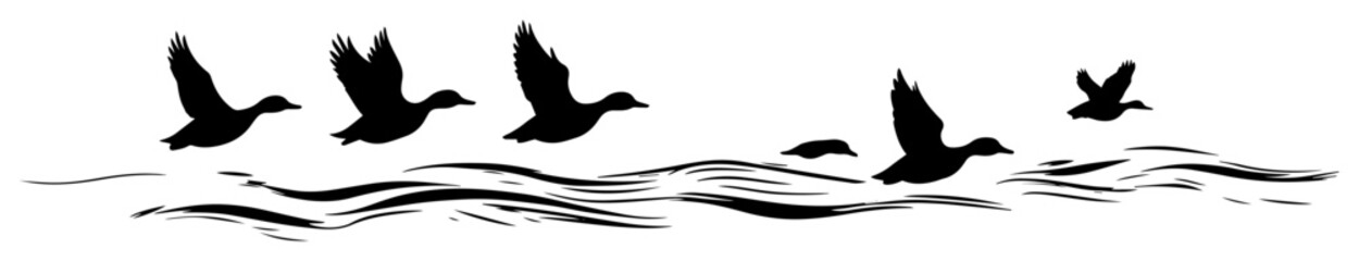 duck silhouettes flying over water surface