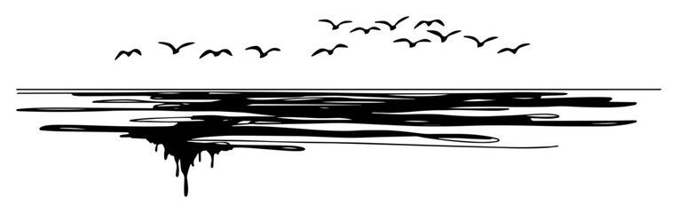horizontal seascape with birds flying over calm water