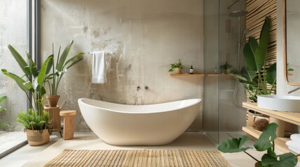 A spa-like bathroom with a freestanding bathtub and rain shower.
