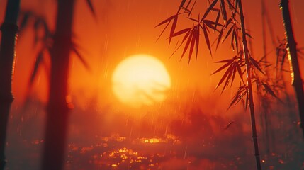 Fototapeta premium Bamboo, sunset, and rain in nature