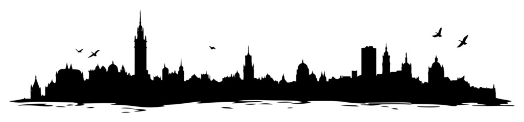city skyline reflected on water with birds silhouette vector shape