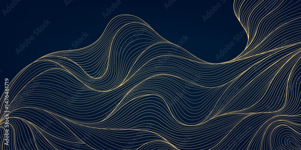 Poster vector gold line abstract wave pattern, elegant flow luxury texture design, wavy element, japanese s