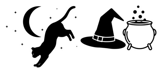 black cat moon witch hat and cauldron icons silhouette vector shape