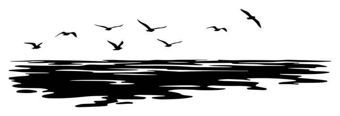 seaside with flying birds and calm water surface silhouette vector shape