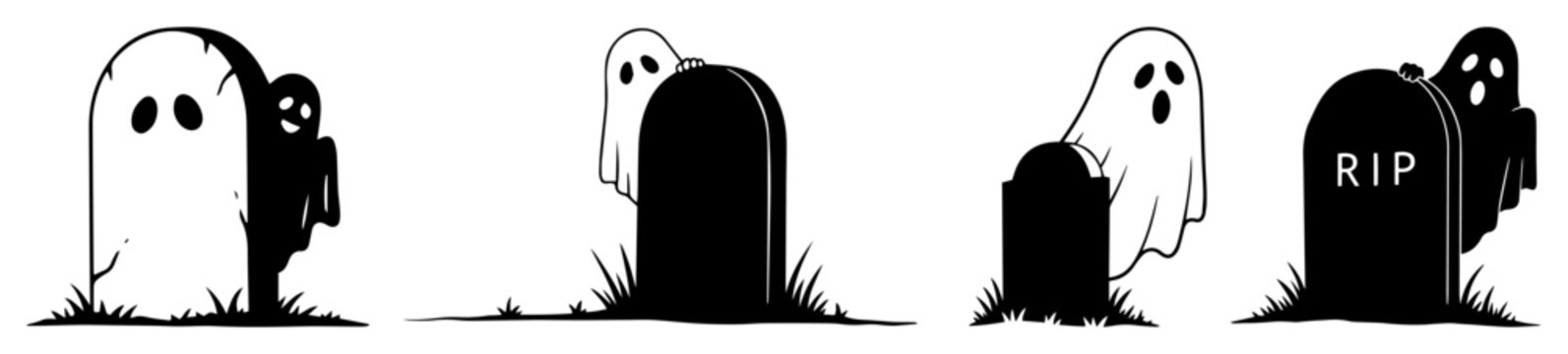ghosts and tombstones in halloween graveyard scene silhouette vector shape