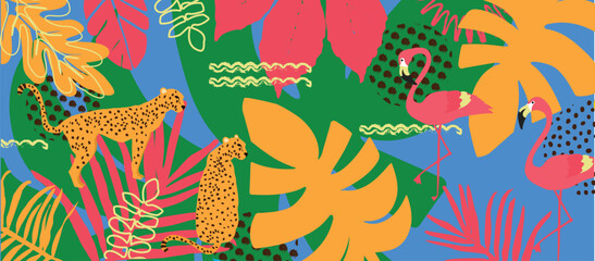 Tropical jungle pattern with cheetahs and flamingos in bold flat style