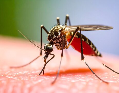Striped mosquitoes are eating blood on human skin.