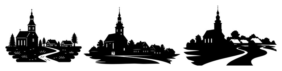 village landscape with churches and winding road vector silhouette laser cutting engraving © Camel
