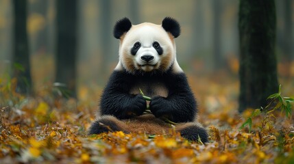 Fototapeta premium Happy panda eating in autumnal forest.