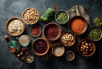 Diverse Collection of Organic Ingredients in Wooden Bowls with Natural Textures and Colors Perfect for Healthy Cooking and Culinary Inspiration