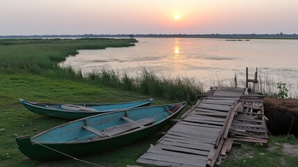 Obraz premium Rustic wooden boats dock at sunset over calm lake