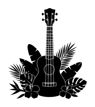 ukulele with tropical flowers and leaves vector silhouette laser cutting engraving