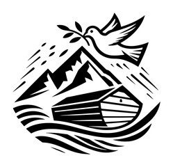 noah's ark with dove and mountain biblical vector illustration