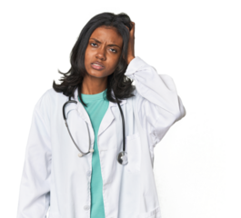 Young Indian doctor with stethoscope tired and very sleepy keeping hand on head.