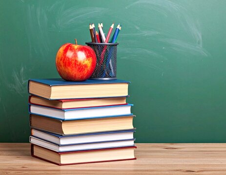 back to school banner. stack of books over wooden desk
