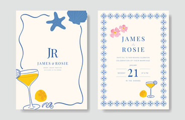 Fototapeta na wymiar Indigo Italy summer invitation card vector. Italian poster with lemon, shell, wine, summer element. Design for wedding card, greeting card, bridal shower, cover.
