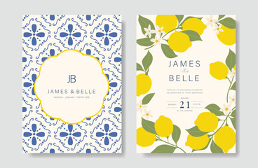 Indigo Italy summer invitation card vector. Italian poster with lemon, Blue Mediterranean tiles pattern, summer element. Design for wedding card, greeting card, bridal shower, cover.